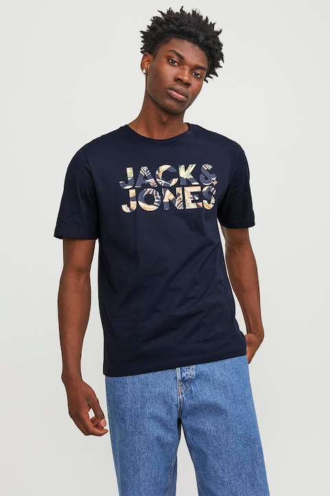 Jack & Jones, Памучна тениска с лого, Жълт/Тъмносин