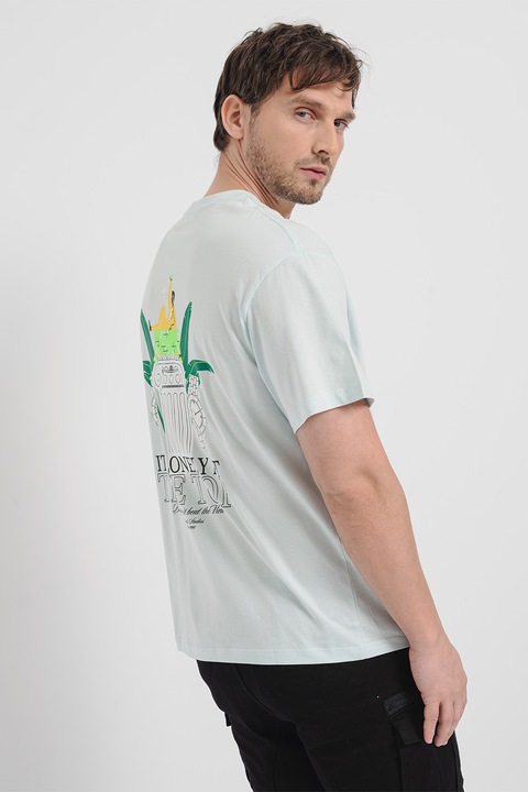 Jack & Jones, Памучна тениска с щампа Ancient, Зелен/Пастелносин/Жълт