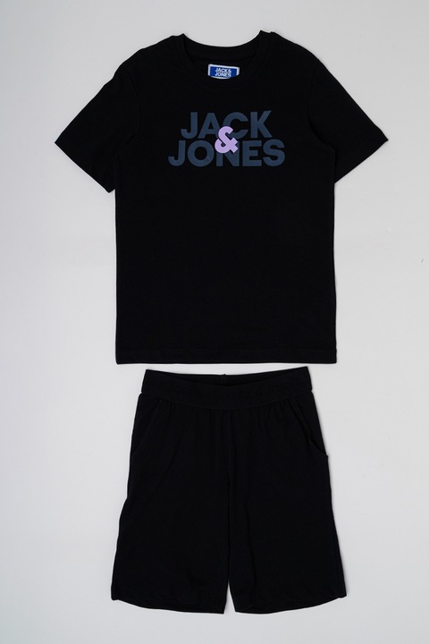 Jack & Jones, Set de tricou si pantaloni scurti din bumbac cu logo - 2 piese, Lila/Negru