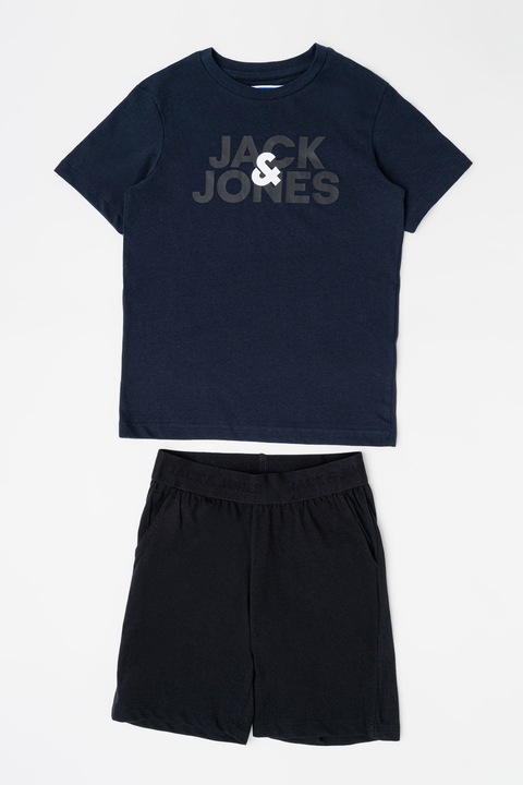 Jack & Jones, Set de tricou si pantaloni scurti din bumbac cu logo - 2 piese, Negru/Bleumarin