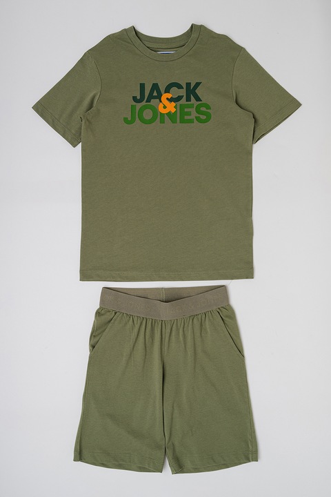 Jack & Jones, Set de tricou si pantaloni scurti din bumbac cu logo - 2 piese, Portocaliu/Kaki