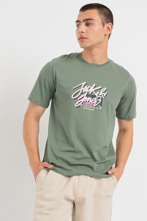 Jack & Jones, Tricou cu decolteu la baza gatului si imprimeu logo, Verde feriga/Crem