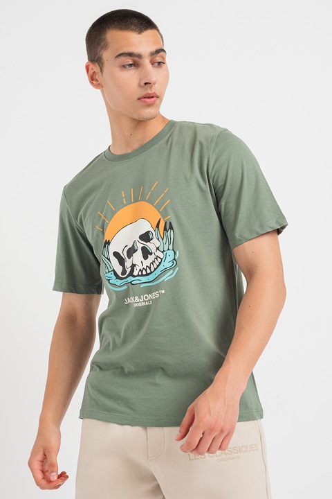 Jack & Jones, Тениска с принт, Бял/Тъмнозелен