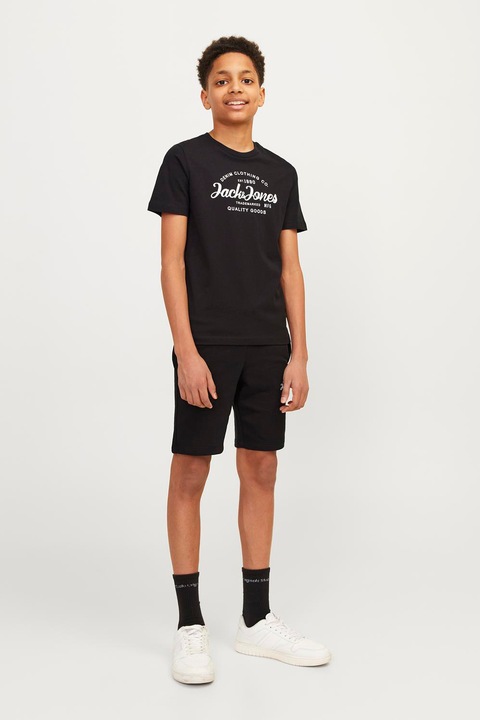 Jack & Jones, Set de tricou si pantaloni scurti cu imprimeu logo - 2 piese, Negru