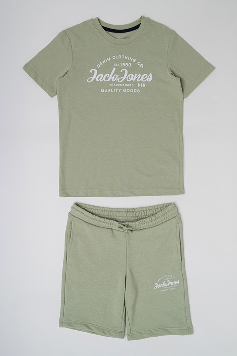 Jack & Jones, Set de tricou si pantaloni scurti cu imprimeu logo - 2 piese, Alb/Verde pal