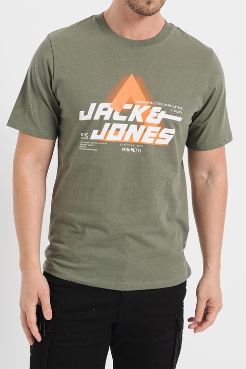 Jack & Jones, Памучна тениска с овално деколте и щампа, Бял/Оранжев/Морско зелено