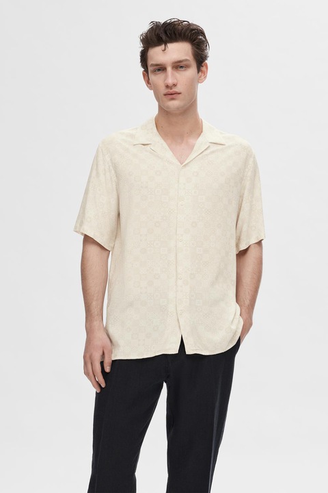 Selected Homme, Camasa cu model si maneci scurte, Galben murdar