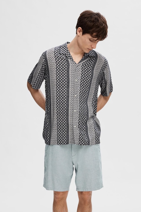 Selected Homme, Camasa cu model si maneci scurte, Alb/Bleumarin