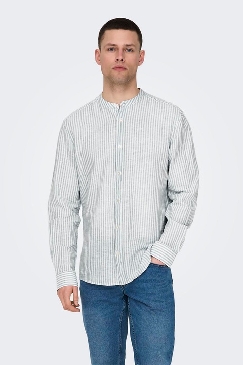 Only & Sons, Len- és pamuttartalmú csíkos ing, Fehér/Zöld, L