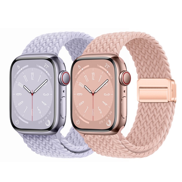 Set 2 curele smartwatch, Compatibila cu Apple Watch 11 10 9 8 7 6 5 4 3 2 1, Display 38/40/41/42 mm, Magnetic, Naylon, MATCHEASY, Roz champagne/Violet pastel