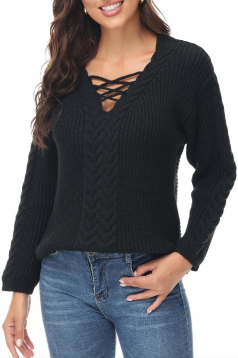 Női pulóver, kötött, V-nyakú, fekete, XL, TrendiMax