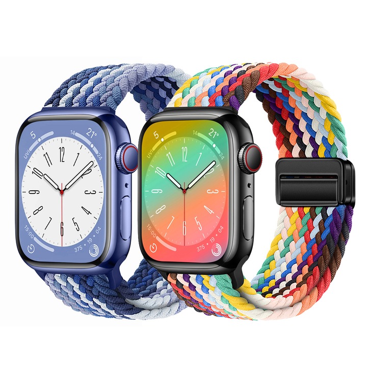 Set 2 curele smartwatch, Compatibila cu Apple Watch 11 10 9 8 7 6 5 4 3 2 1, Display 38/40/41/42 mm, Magnetic, Naylon, MATCHEASY, Curcubeu/Albastru Mix