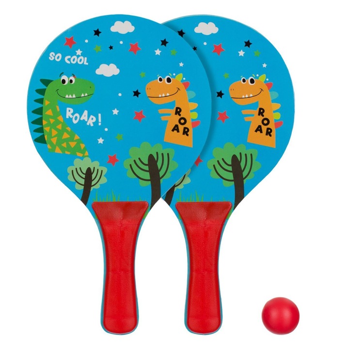 Set rachete din lemn de plaja pentru copii Shopiens® cu manere antiderapante si o minge, cu model dinozauri