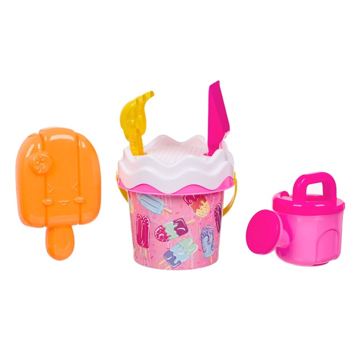 Set Galetusa Nisip cu Accesorii, Model Inghetata, 5 piese, Roz garoafa, 14x12cm