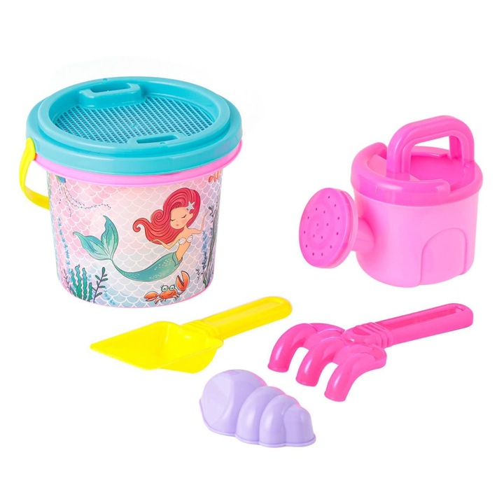 Set Galetusa Nisip cu Accesorii, Model Sirene, 5 piese, Roz Mineral, 14x11cm