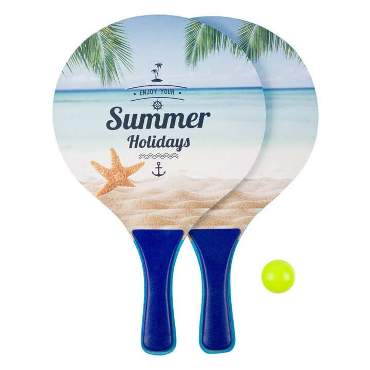 Set rachete din lemn cu model Summer Holidays Shopiens® cu manere antiderapante si o minge, pentru tenis de masa