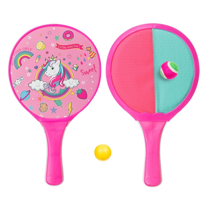 Set rachete din lemn de plaja pentru copii Shopiens® cu o suprafata Catchball si 2 mingi, model Unicorn Roz