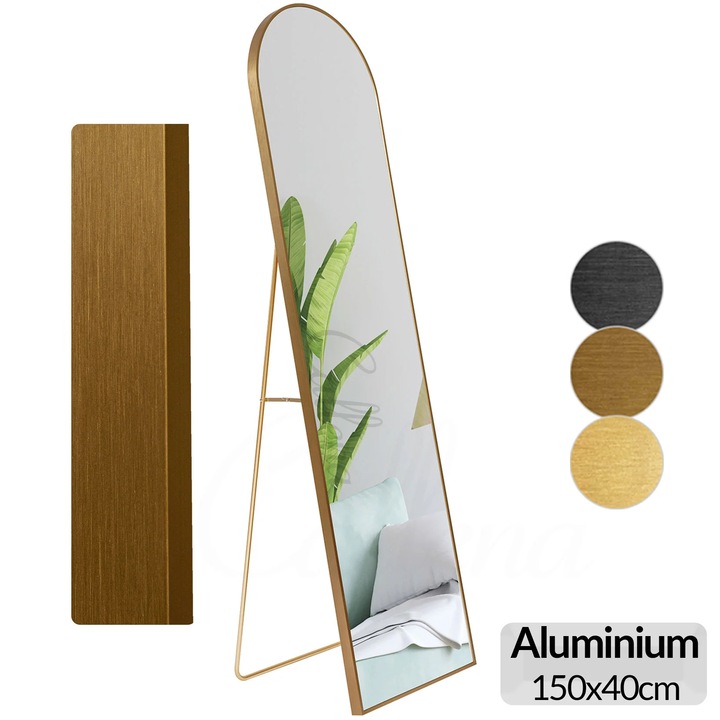 Oglinda de podea/perete, bronz, aluminiu, arcada, 150x40 cm, cu suport, cu picior, Callena
