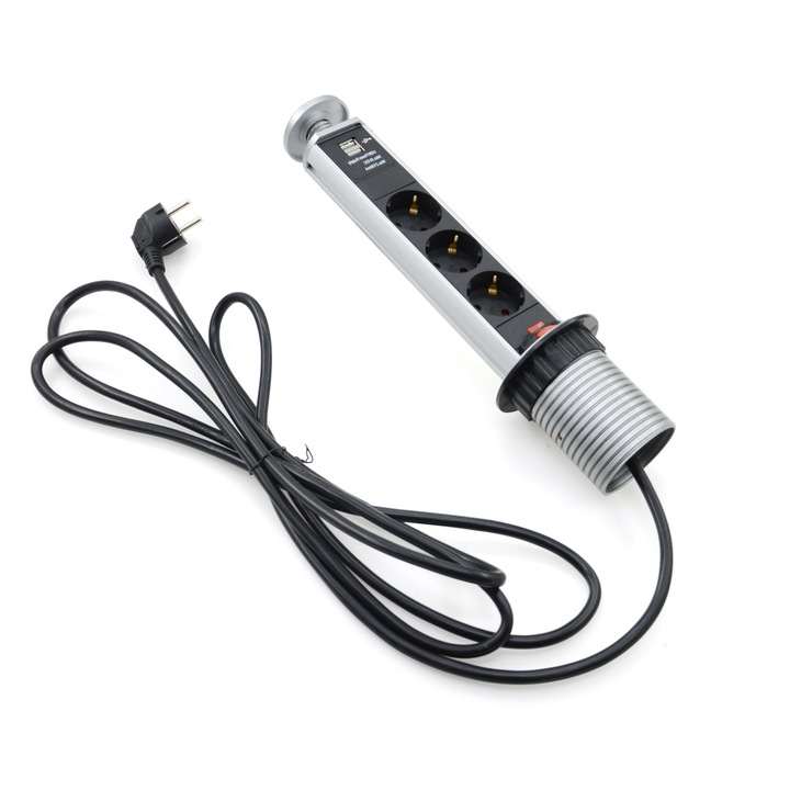 Priza turn incorporabila in blat bucatarie, masa sau birou LanKATT, 3 prize Schuko si 2 prize USB cu incarcator incorporat, incastrabila, lungime cablu 3m, finisaj argintiu