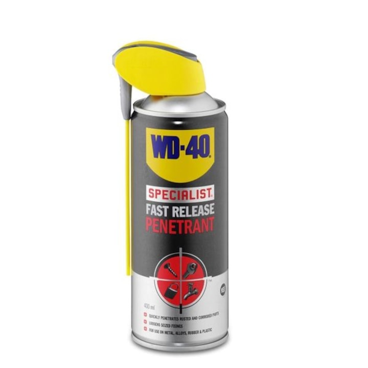 Speciális tisztító spray WD 40 Penetrant 400ml a korrodált rögzítőmechanizmusok és az edzett részek gyengítésére, segít megelőzni a rozsdát és a korróziót