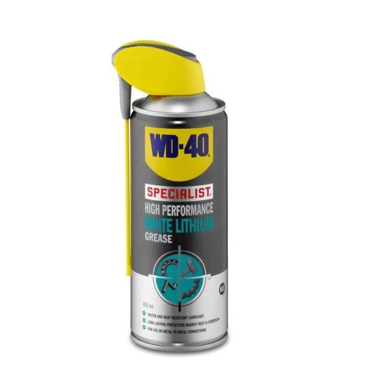 Spray vaselina WD-40 White Lithium Grease 400ml, pe baza de litiu pentru aplicatiile metal-metal supuse unui regim d elucru intens, rezistenta la apa, nu picura si nu curge ramanand fixata pe suprafetele pe care a fost aplicata
