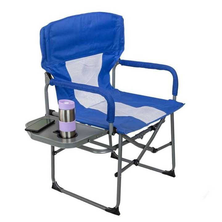 Scaun pliant pentru camping, cadru metal, cu suport pahar, 46 x 50 x 93 cm, albastru