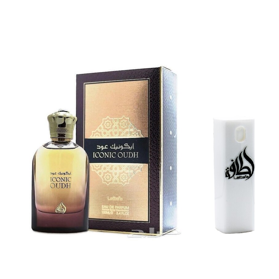 Set Apa de parfum, Lattafa Iconic Oudh, de barbati, 100 ml cu Kit Travel Reincarcabil 10 ml