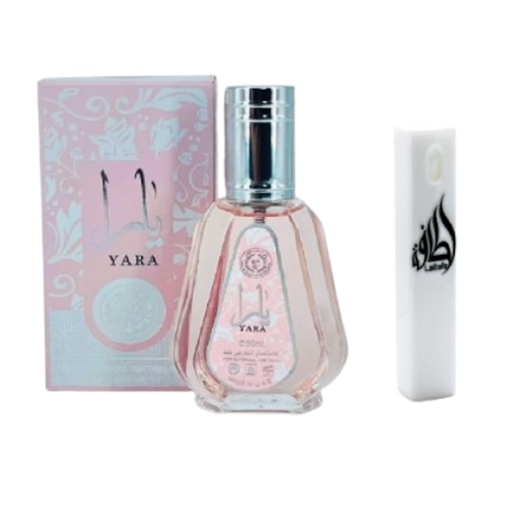 Set Apa de parfum, Yara, Ard Al Zaafaran, de dama, 50 ml, parfum arabesc floral cu Kit Travel Reincarcabil 10 ml