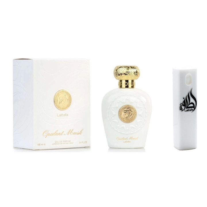 Set Apa de parfum, Lattafa Opulent Musk, de dama, 100ml, arabesc cu Kit Travel Reincarcabil 10 ml