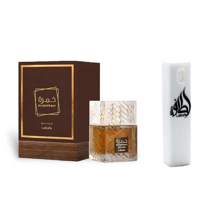Set Apa de parfum, Lattafa Khamrah Qahwa 100 ml Coffee cu Kit Travel Reincarcabil 10 ml