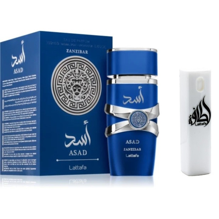 Eau de Parfum készlet, Lattafa Asad Zanzibar, férfiaknak, 100 ml Újratölthető utazási készlettel 10 ml