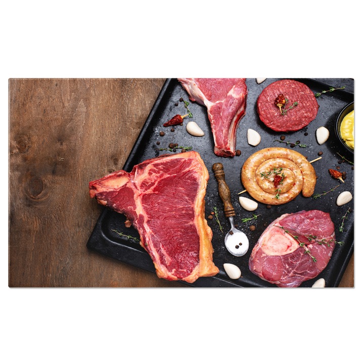 Tablou Canvas Asortiment de Diferite tipuri de Carne Diverse tipuri de carne, cum ar fi friptura, biftec, preparate la gratar si delicatese din carne de porc 140x90CM