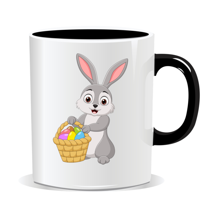 Cana personalizata pentru Paste, Iepuras cu un cos de oua vopsite, 330ml, interior negru