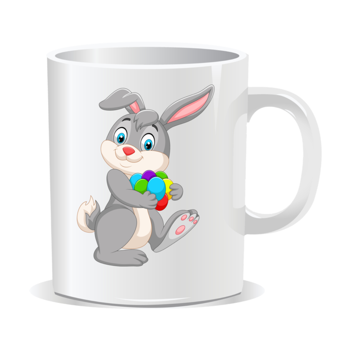 Cana personalizata pentru Paste, Iepuras cu oua vopsite in brate, 330ml, interior alb