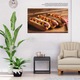 Tablou Canvas Vedere Detaliata a Hot Dogurilor cu Mustar si Ketchup, Elemente Iconice ale Bucatariei americane, pe un Fundal in Carouri 100x70CM