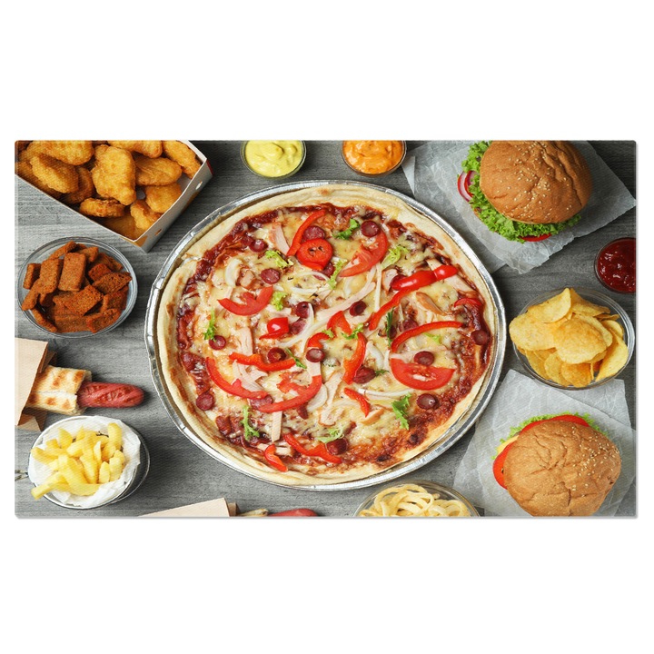 Tablou Canvas Diverse tipuri de FastFood pe o Masa cu textura Gri O Variatie de Gusturi Americane Pentru O Cina Rapida 90x60CM