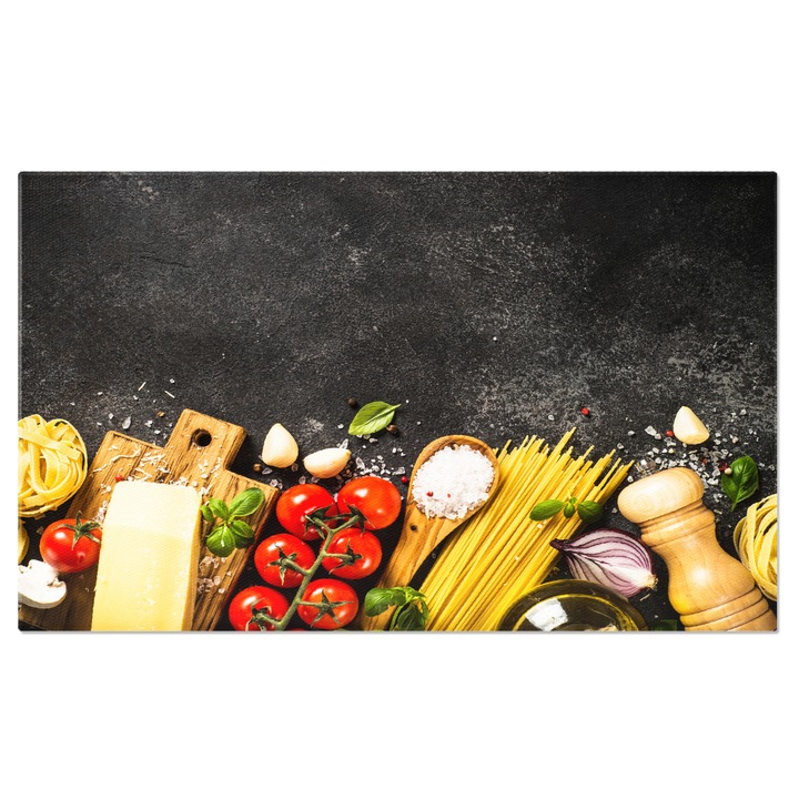 Tablou Canvas Ingrediente de paste pe fundal negru, vedere de sus O prezentare detaliata a ingredientelor esentiale pentru prepararea pastelor delicioase. 70x50CM