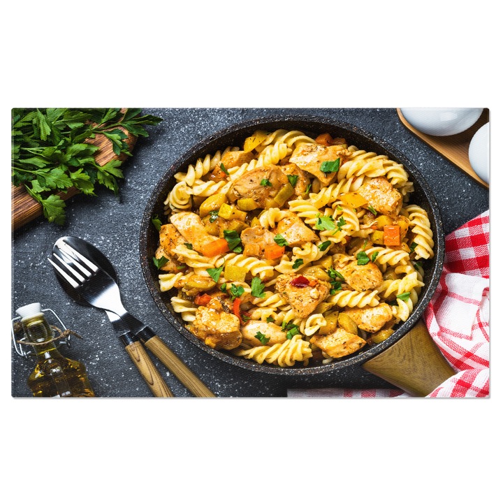 Tablou Canvas Paste cu pui si legume, vedere de sus Un preparat culinar echilibrat si delicios, pregatit pentru a fi savurat in intreaga sa splendoare. 140x90CM