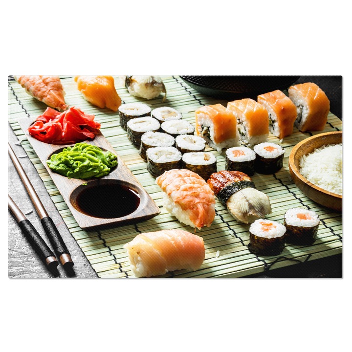 Tablou Canvas Set de Rulouri de Sushi Japonez cu Sos si Betisoare, O Delicata Pasiune Gastronomica, O Calatorie Culinara in Japonia 90x60CM