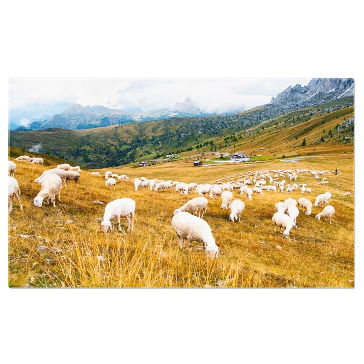 Tablou Canvas Oile Mananca Iarba la apus intro Pajiste cu alpii in Fundal, Un Peisaj Rural Care intruchipeaza Linistea si Frumusetea Naturii 70x50CM