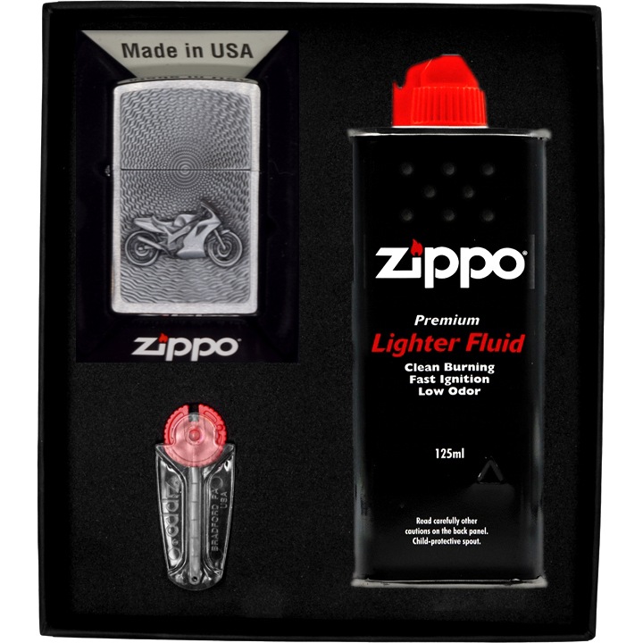 Set Bricheta Zippo Motor Bike Emblem, Benzina, Pietre, Cutie Cadou, Metal