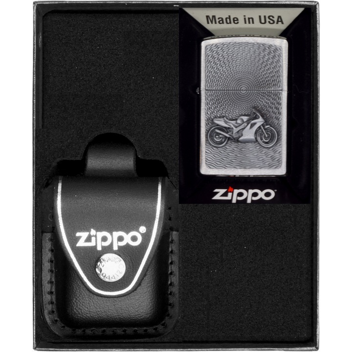 Set Bricheta Zippo Motor Bike Emblem, Etui din Piele Naturala, Negru, in Cutie Cadou