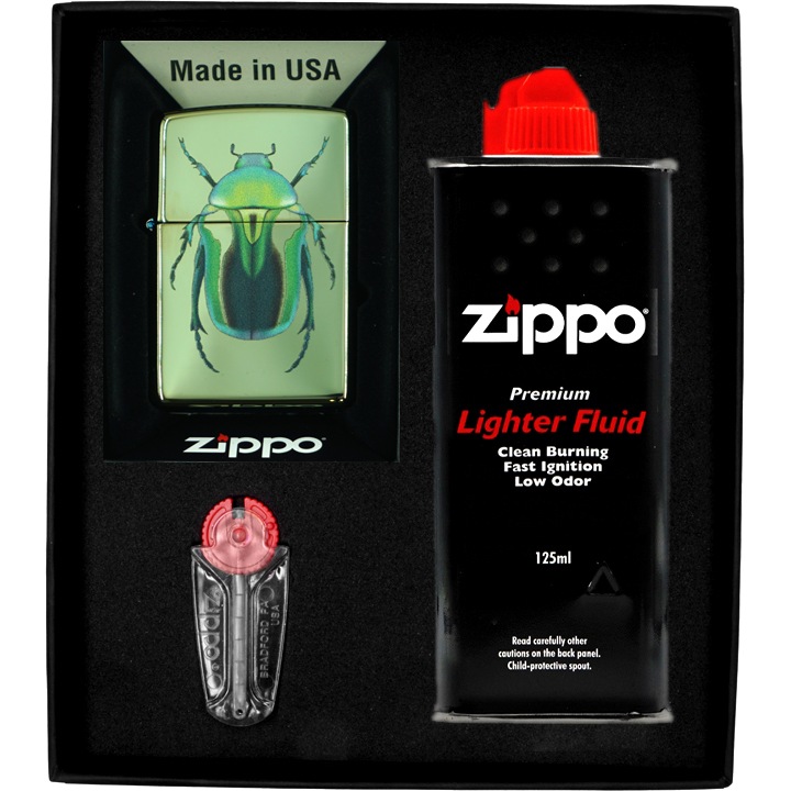 Set Bricheta Zippo Bug Design, Benzina, Pietre, Cutie Cadou, Metal