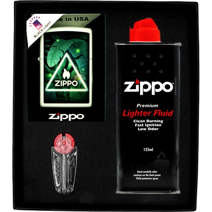 Set Bricheta Zippo Nature Design, Benzina, Pietre, Cutie Cadou, Metal