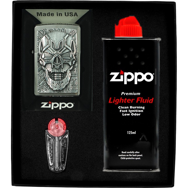 Set Bricheta Zippo Technic Skull Trick, Benzina, Pietre, Cutie Cadou, Metal