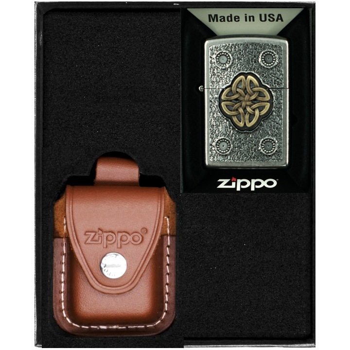 Set Bricheta Zippo Celtic Knott, Etui Piele Maro, Metal, Benzina, in Cutie Cadou