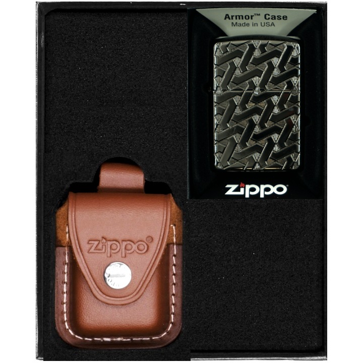 Set Bricheta Zippo, Geometric Weave Design, Metal, Maro, cu Etui Piele