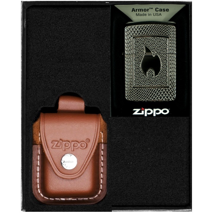 Set Bricheta Zippo Pattern Design 2, Etui Piele, Maro, Metal