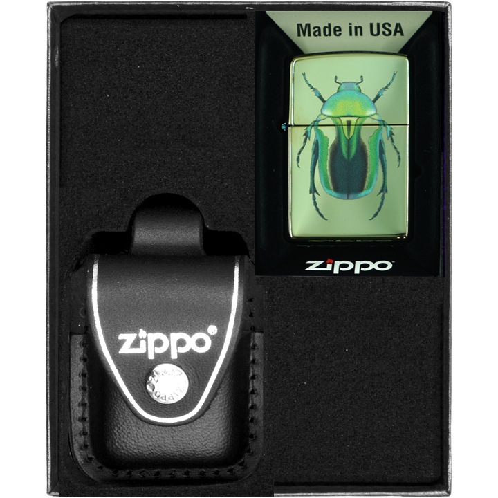 Set Bricheta Zippo Bug Design, Benzina, Pietre, Cutie Cadou, Metal
