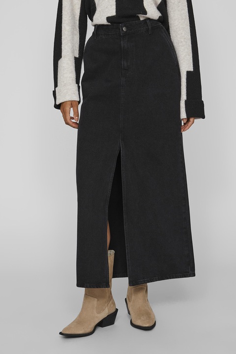 Vila, Fusta lunga de denim cu slit frontal, Negru, XL